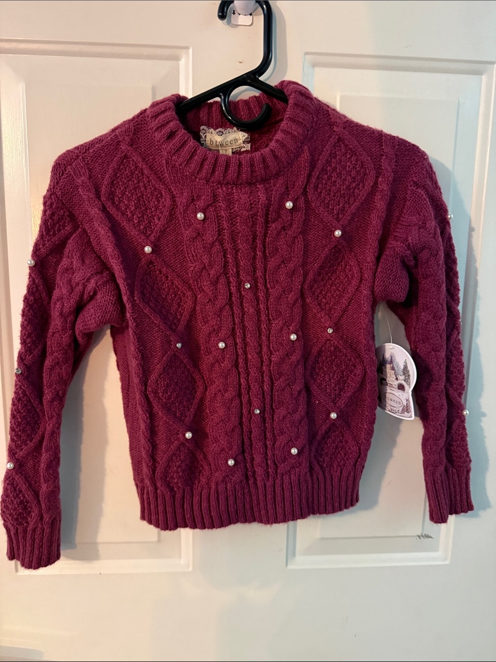 btween Berry Cable-Knit Pearl Detail Crewneck Sweater